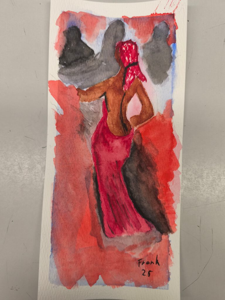 Eines der Bilder von oben. Die Dame hat offene, nur durch ein Band schwach abgebundene Haare. Ihr Kleid hat hinten einen sehr tiefen Ausschnitt.