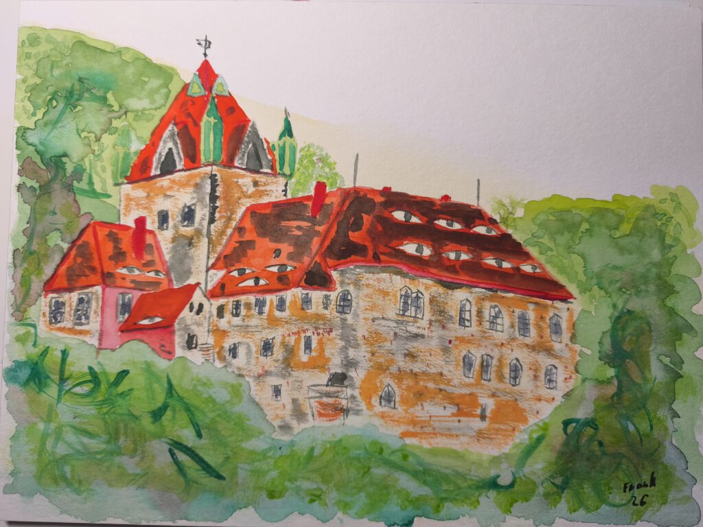 Aquarell. Eingerahmt von verschiedenen Grüntönen, die die umliegenden Bäume andeuten trohnt schmutzig grau Schloss Kuckuckstein mit seinen "Augenfenstern"