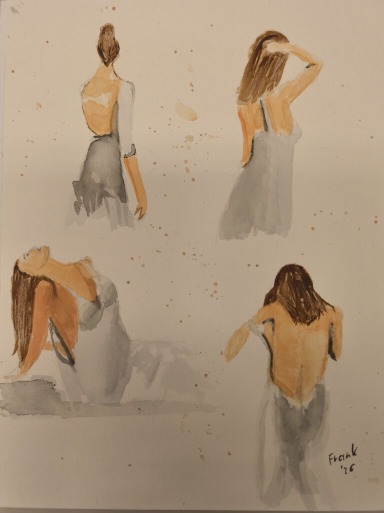 Aquarell von vier Frauen, die helle leichte Kleider tragen. Über das Bild sind Kleckse in den Farben des Bildes verteilt.