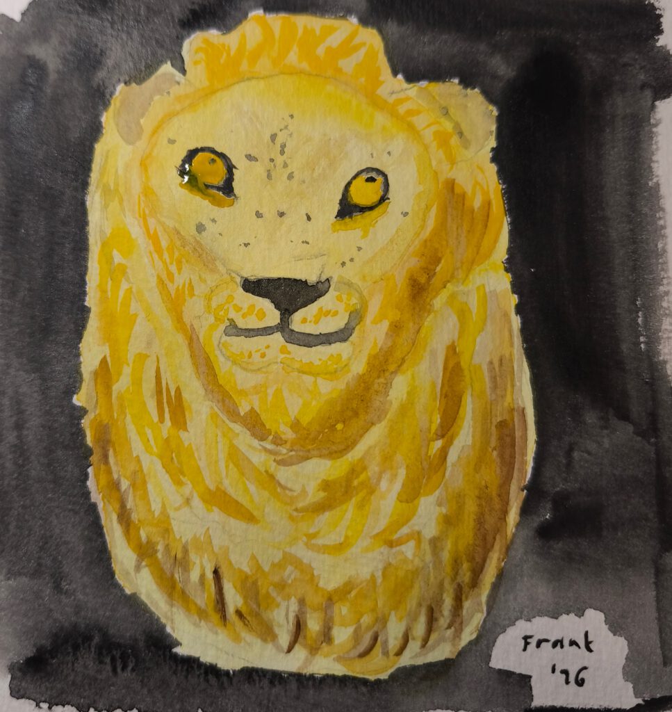 Aquarellzeichnung eines gelben Löwenkopfes auf schwarzem Hintergrund, signiert "Frank '26".
