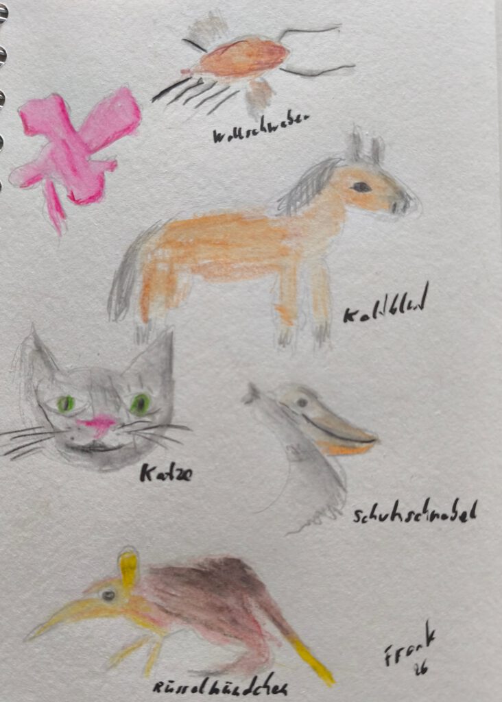 Eine mit Buntstiften gezeichnete Tiercollage mit einem hellbraunen  Insekt, einem Pferd, einer Katze, einem Schuhschnabelvogel und einem Rüsselhündchen im Jahr 2026 signiert.