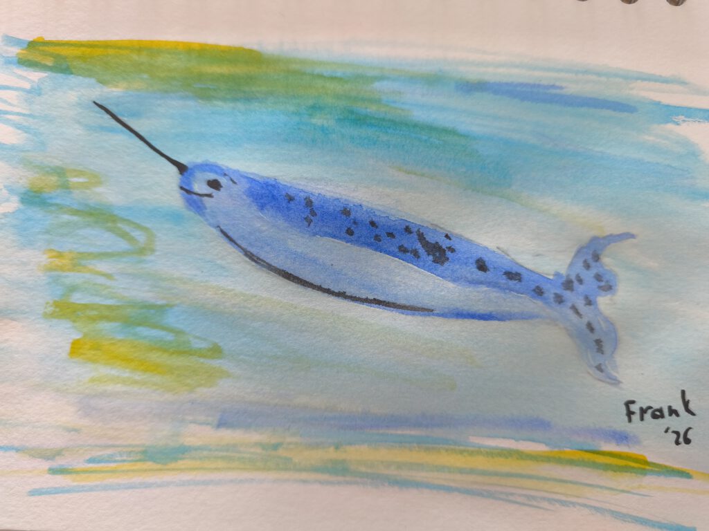 Aquarellzeichnung eines Narwals, schwimmend in blauem Wasser mit gelben und grünen Akzenten.