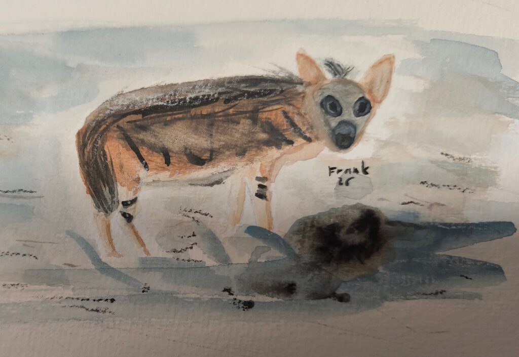 Aquarell einer Streifenhyäne in verschwommener blaugrauer Landschaft