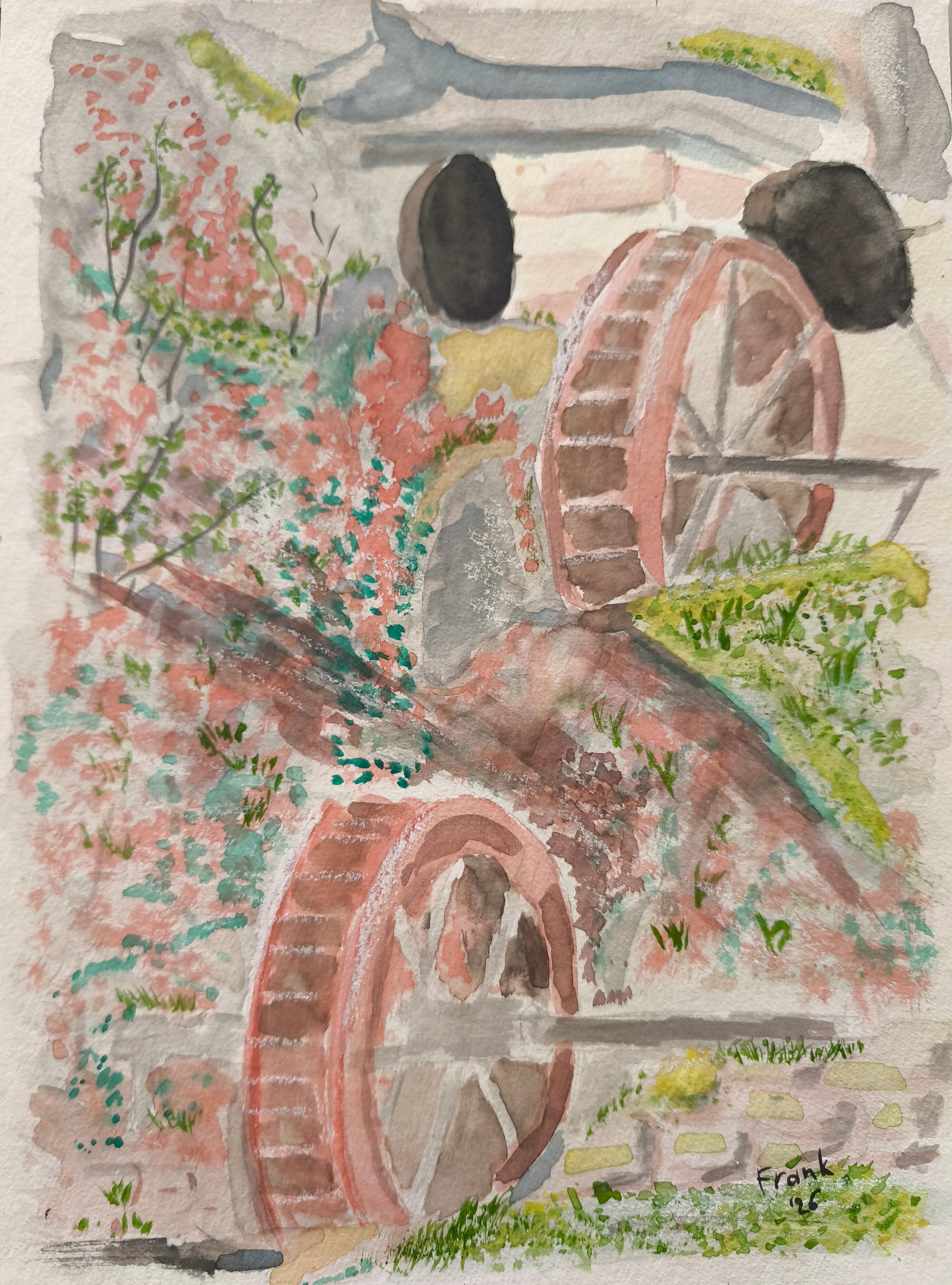 Aquarellbild von zwei großen Wassermühlenrädern in einer Landschaft mit Sandstein und grün.