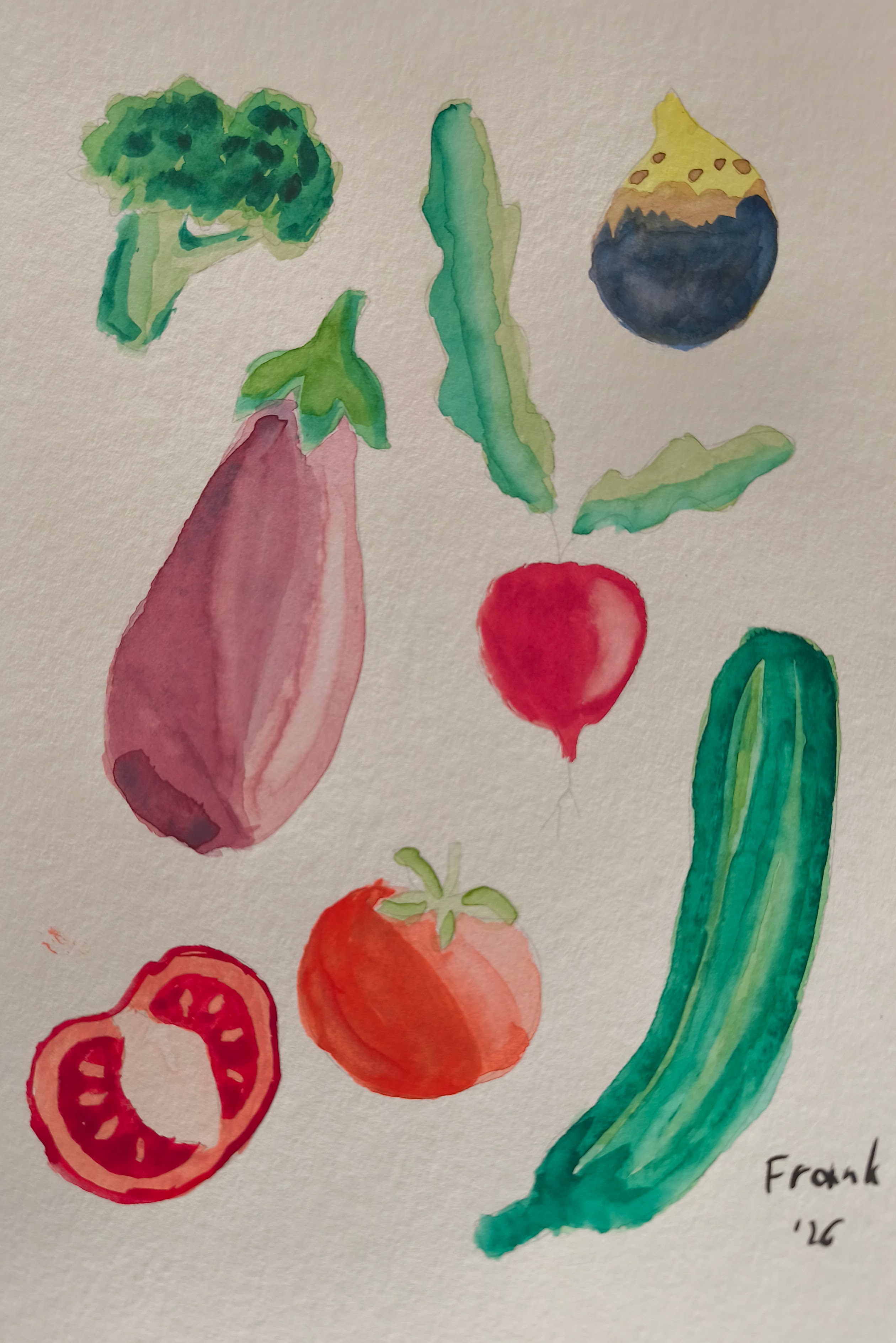 Aquarellübungen (vor allem Lasieren, also Farben vo hell nach dunkel übereinanderlegen) an verschiedenen Gemüsen