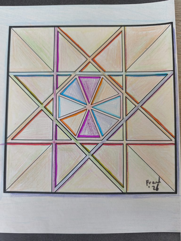 Blatt mit Mandala mit dreieckigen Feldern Die Dreiecke sind in verschiedenen Regenbogenfarben mit Buntstiften ausgemalt. Im Inneren ist ein aus Dreiecken zusammengesetztes Achteck mit eher den kalten Farben, nach außen werden die Farben der Dreiecke "wärmer" Sie entstehen durch die Linien eines  Ackteckigen Sterns.