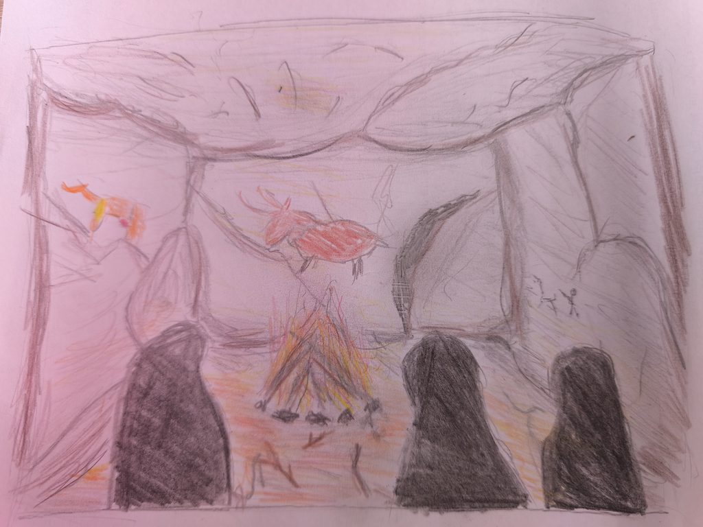 Buntstiftskizze. In einer Höhle sieht man im Vordergrund die dunklen Umrisse von 3 Gestalten. An den Wänden sind "Höhlenmalereien" inspiriert von echten Werken aus verschiedenen Höhlen.