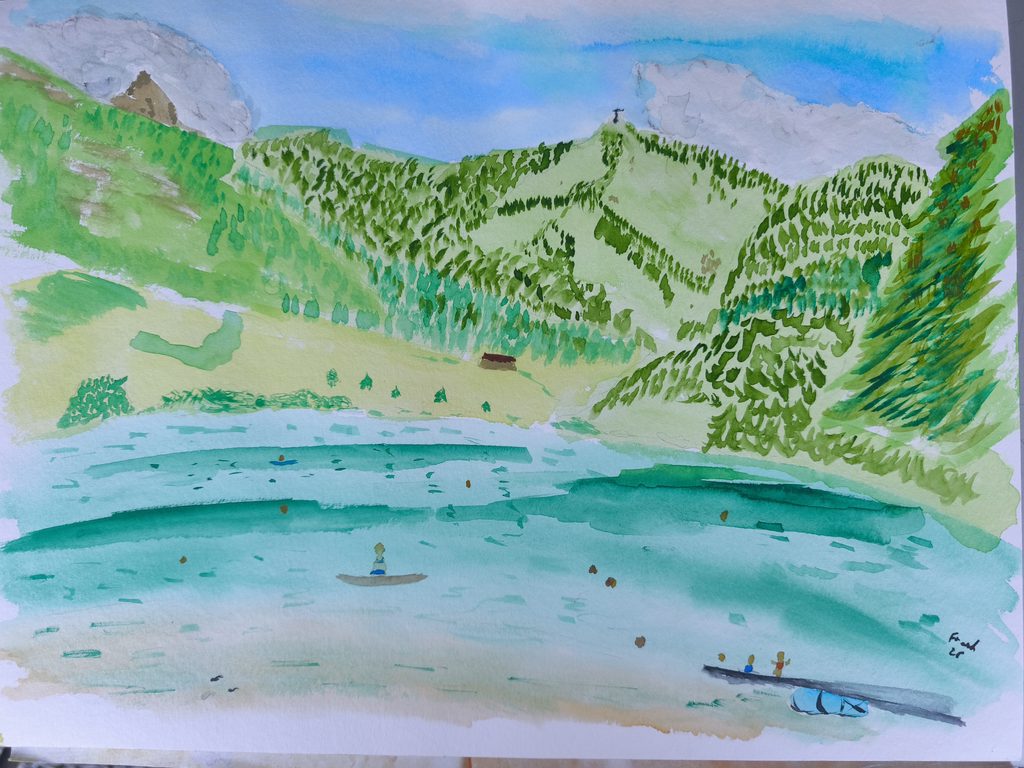 Aquarell in hauptsächlich grün- und Blautönen. Ein Fehler in der Perspektive lässt die Szene an einem See in den Tiroler Alpen fast wie durch eine "Fischaugenlinse" erscheinen.