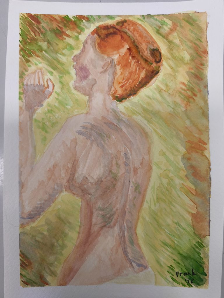 Aquarell. Der nackte Oberkörper einer Frau mit roten Haaren und erhobener Hand. Sie dreht uns leicht den Rücken zu.